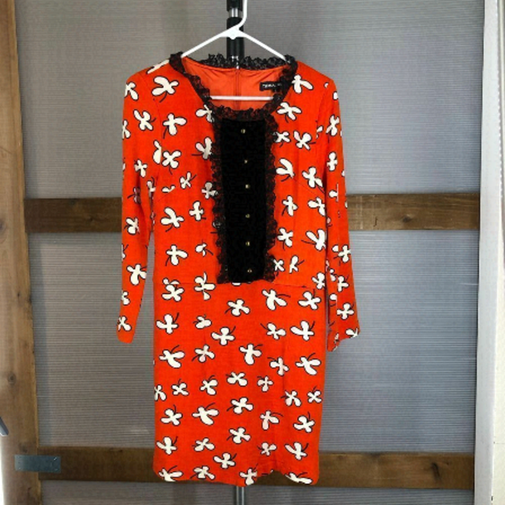 Vintage Orange White Retro Pattern Dress with Lace Velvet Front Sz L